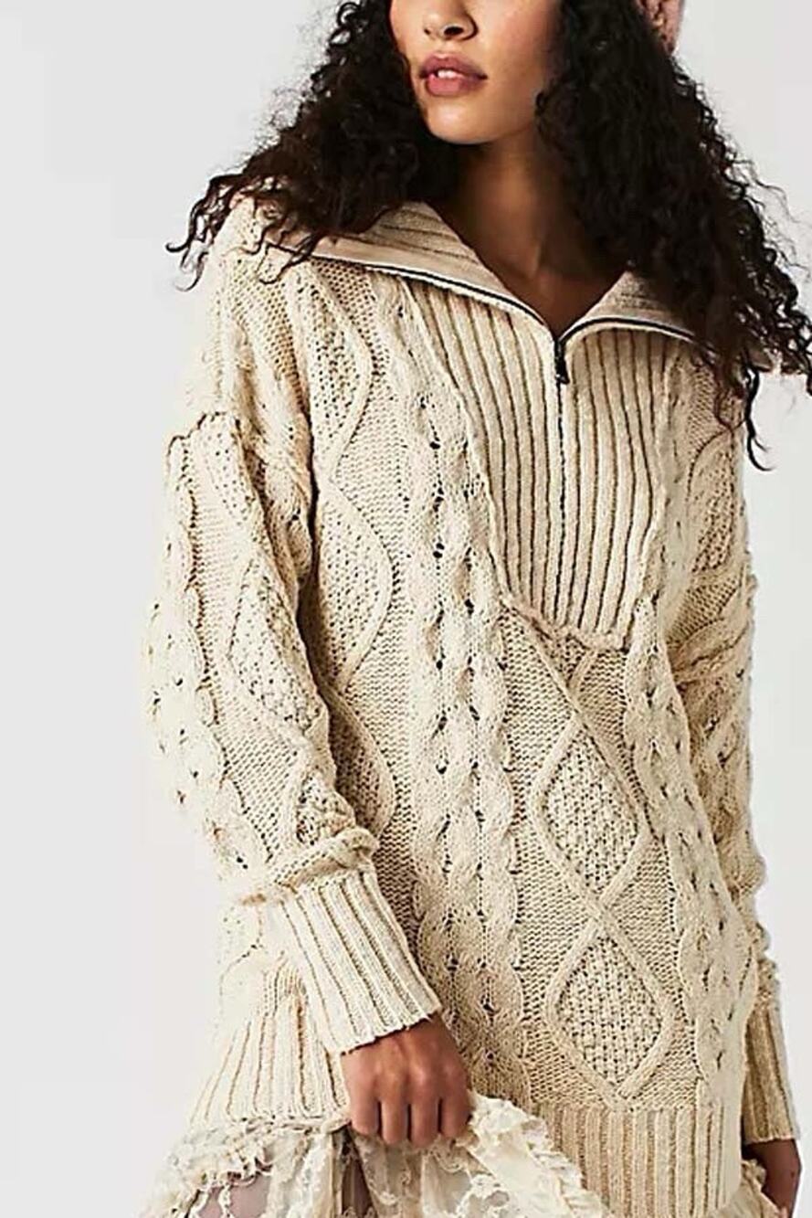 Free People Cable Knit Zipper Collared Cream Driftwood Sweater XS